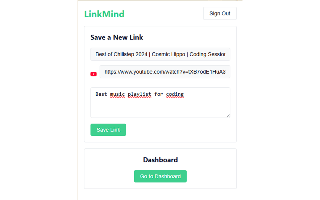LinkMind Chrome extension interface showing saved links and AI-powered search